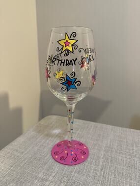 🎉 Birthday Girl Queen for the Day Hand Painted Wine Glass 9” Stars Pink Stem